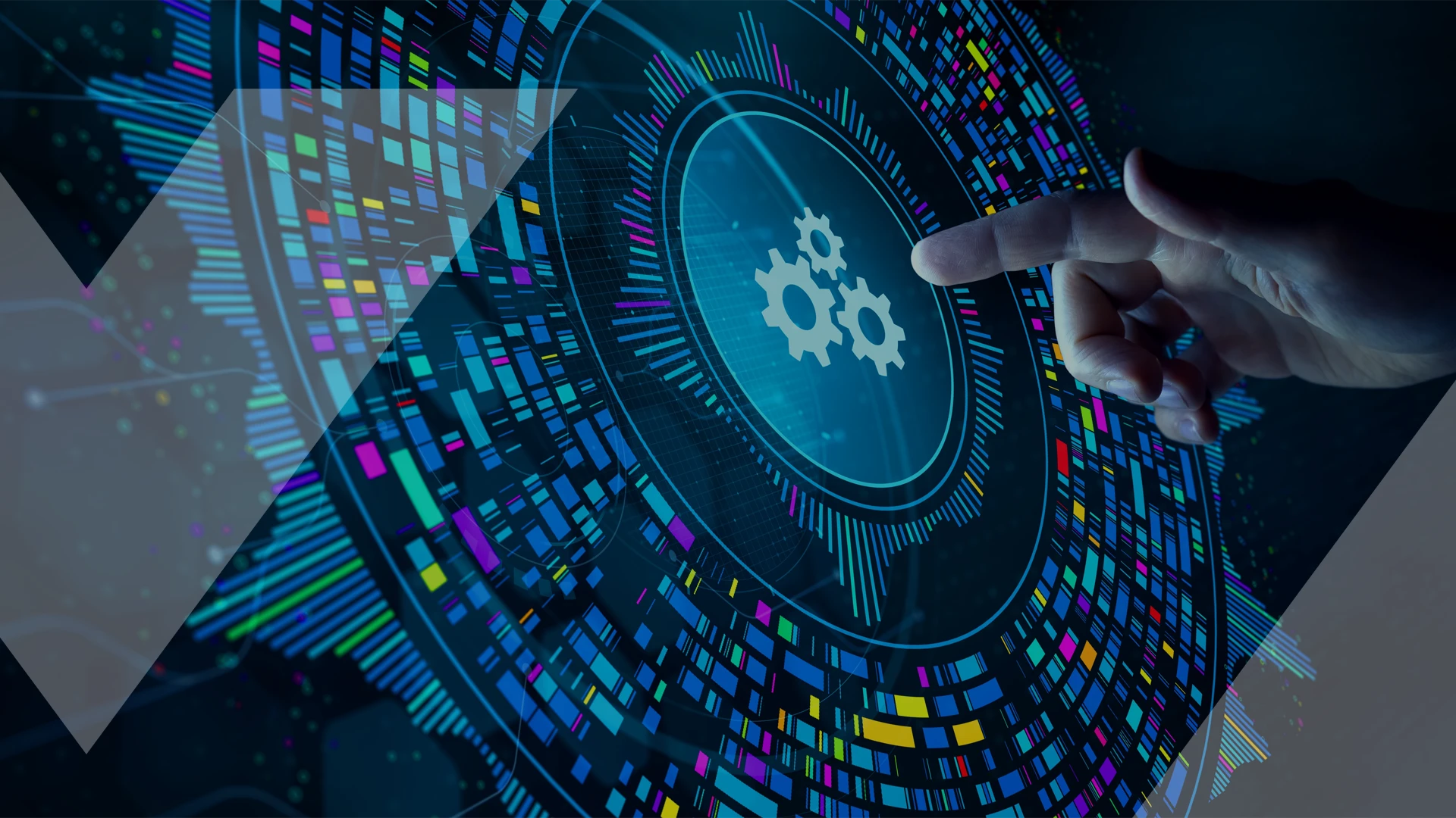 Hand pointing at a digital interface with colorful data patterns and a central icon of interlocking gears, symbolizing customer analytics and growth navigation.